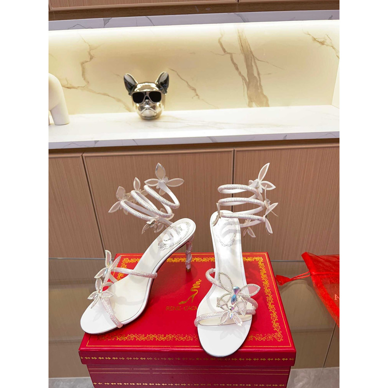 Rene Caovilla Leruy Diamante Butterfly Wrap High Heel Sandals White