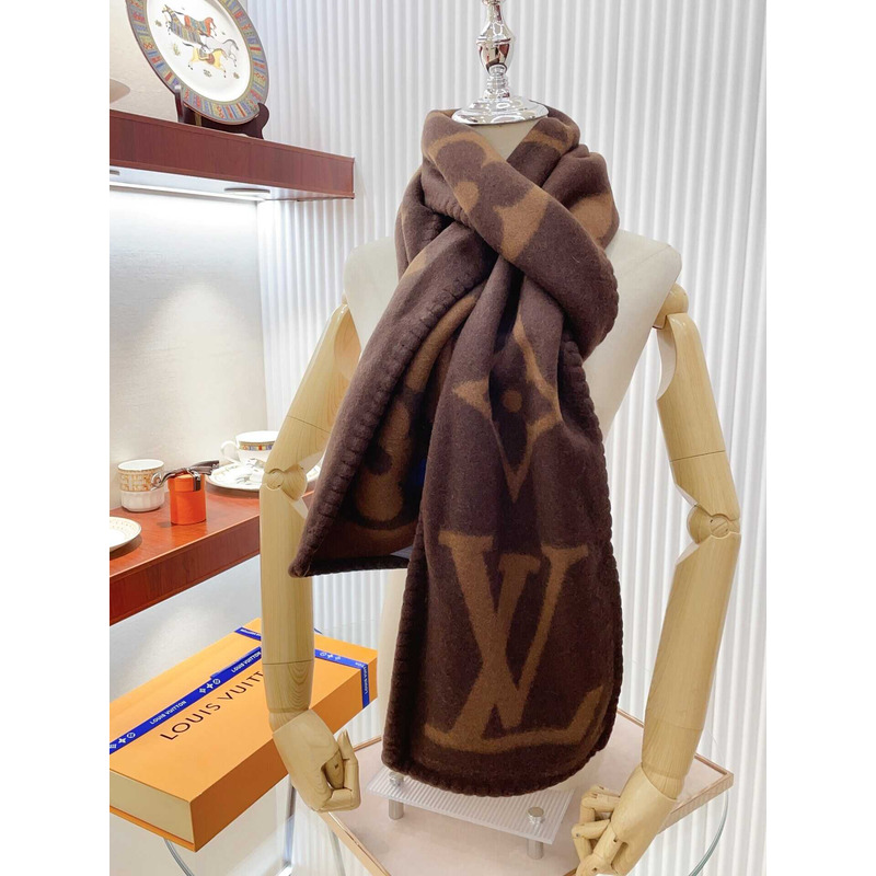 l**is V*t*n cashmere wool double-sided wide scarf/shawl coffee