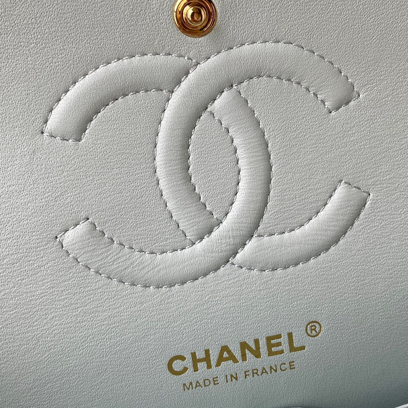 Ch*el classic handbag lambskin and gold-tone mental light blue