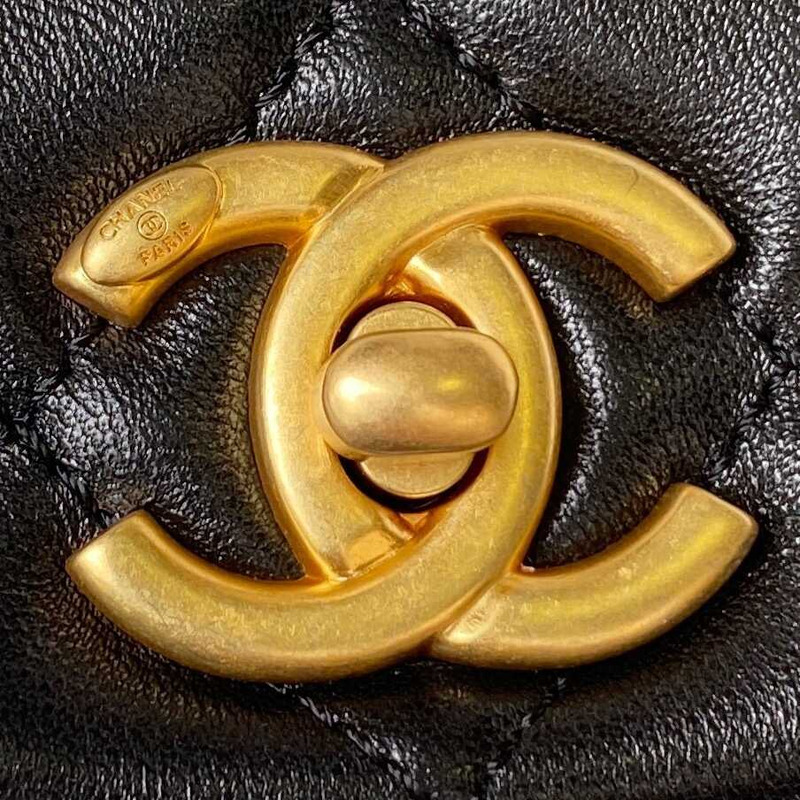 Ch*el small flap bag lambskin & gold-tone metal black