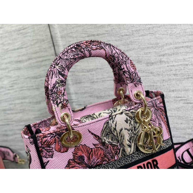 D*or medium lady d-lite bag pink multicolor toile de jouy voyage embroidery