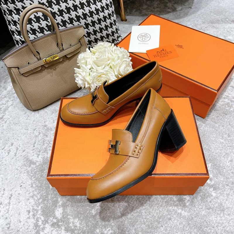 H**mes dauphine 70 high heel loafer in calfskin brown