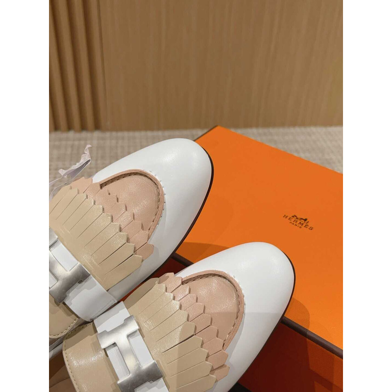 H**mes goatskin womens royal loafers beige and white