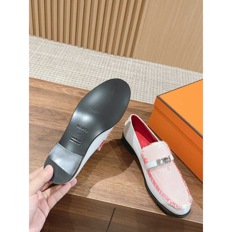H**mes destin loafer calfskin and fringed canvas beige/framboise