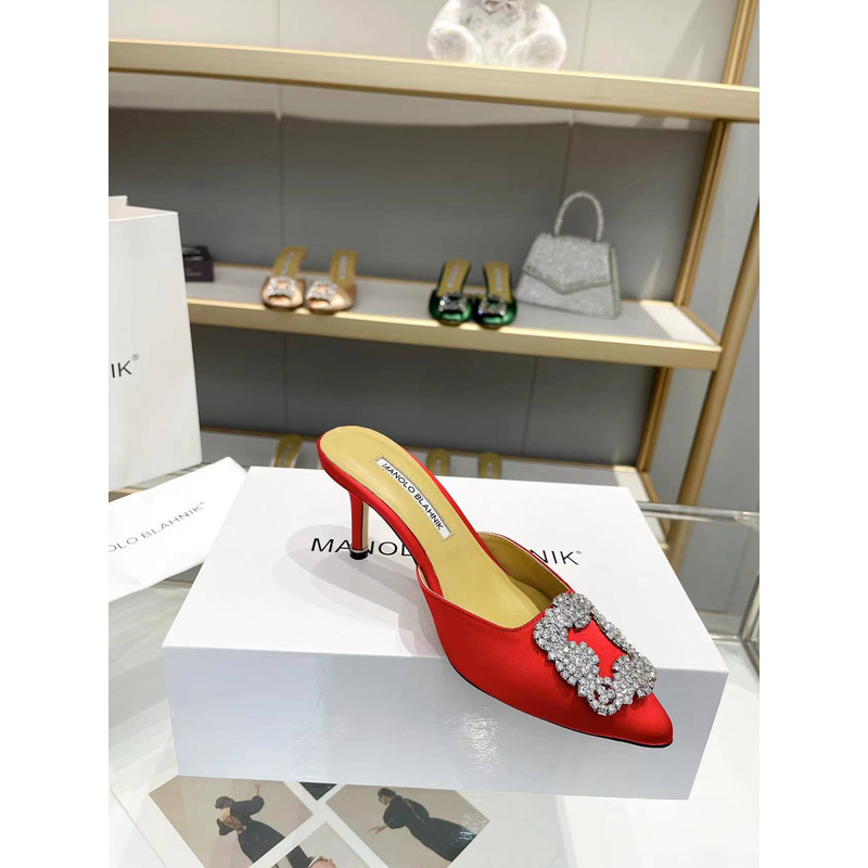 Manolo Blahnik Okkava 105 Jeweled Crystal Buckle Satin High-heeled Red