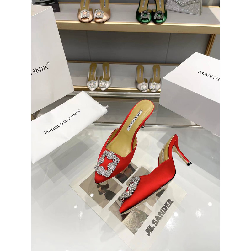Manolo Blahnik Okkava 105 Jeweled Crystal Buckle Satin High-heeled Red