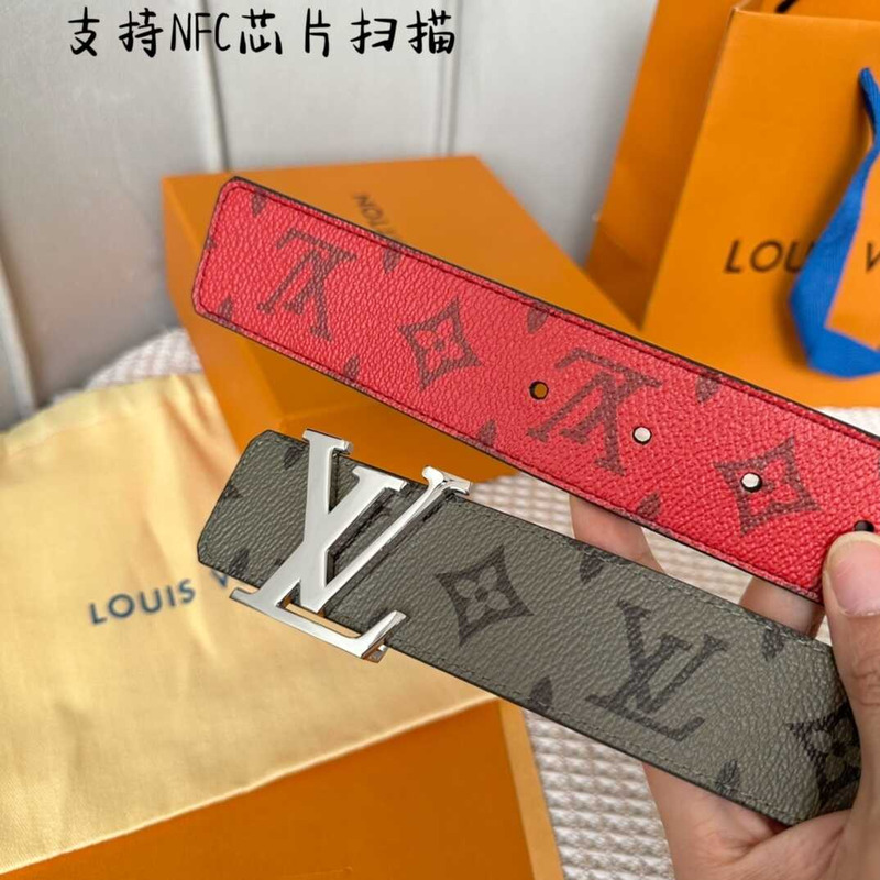 l**is V*t*n initials 40mm reversible belt with silver lv initials buckle khaki green/red