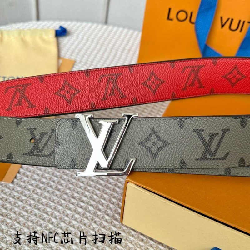 l**is V*t*n initials 40mm reversible belt with silver lv initials buckle khaki green/red
