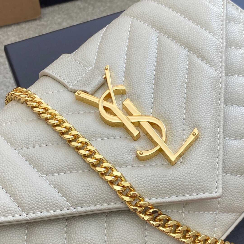 Saint Laurent Envelope Small In Quilted Grain De Pouder Embossed Leather Flap Blanc Vintage