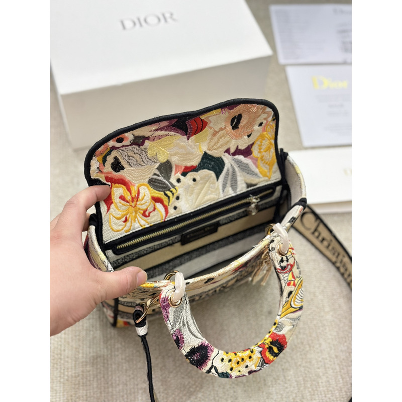 D*or medium lady d-lite bag brocart butterfly embroidery beige multicolor