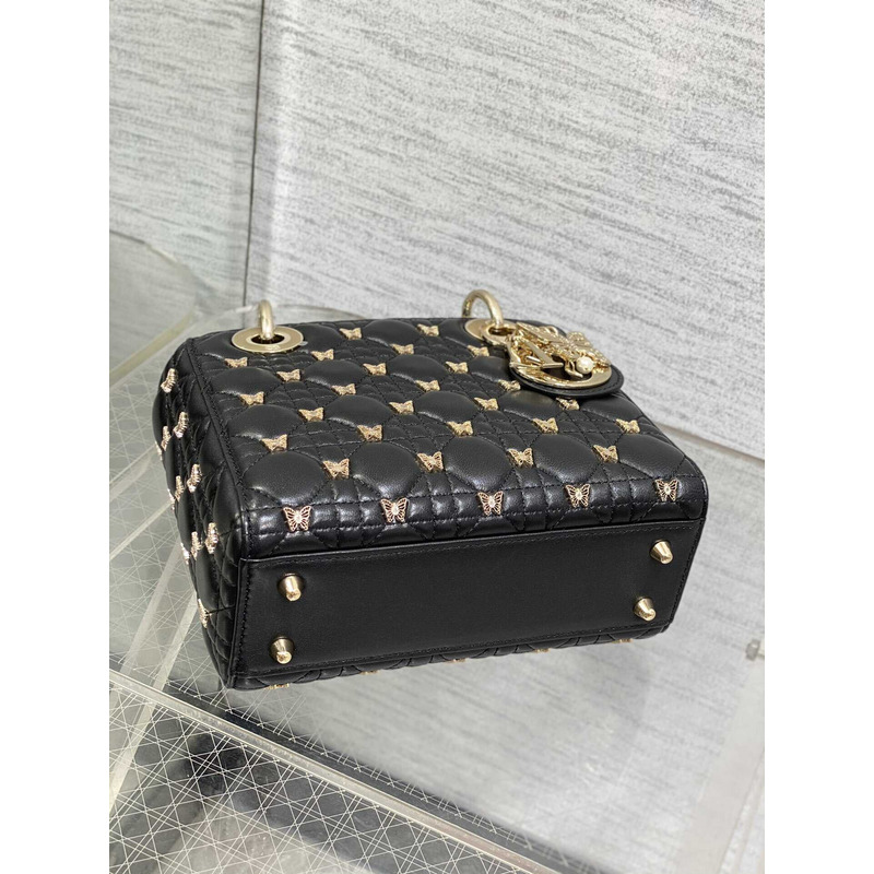D*or small lady D*or bag lambskin gold-finish butterfly studs black