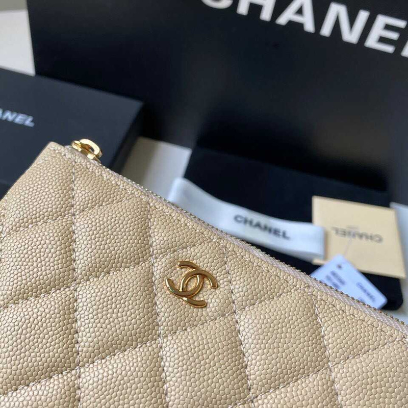 Ch*el Ch*el caviar quilted zipped key holder case beige