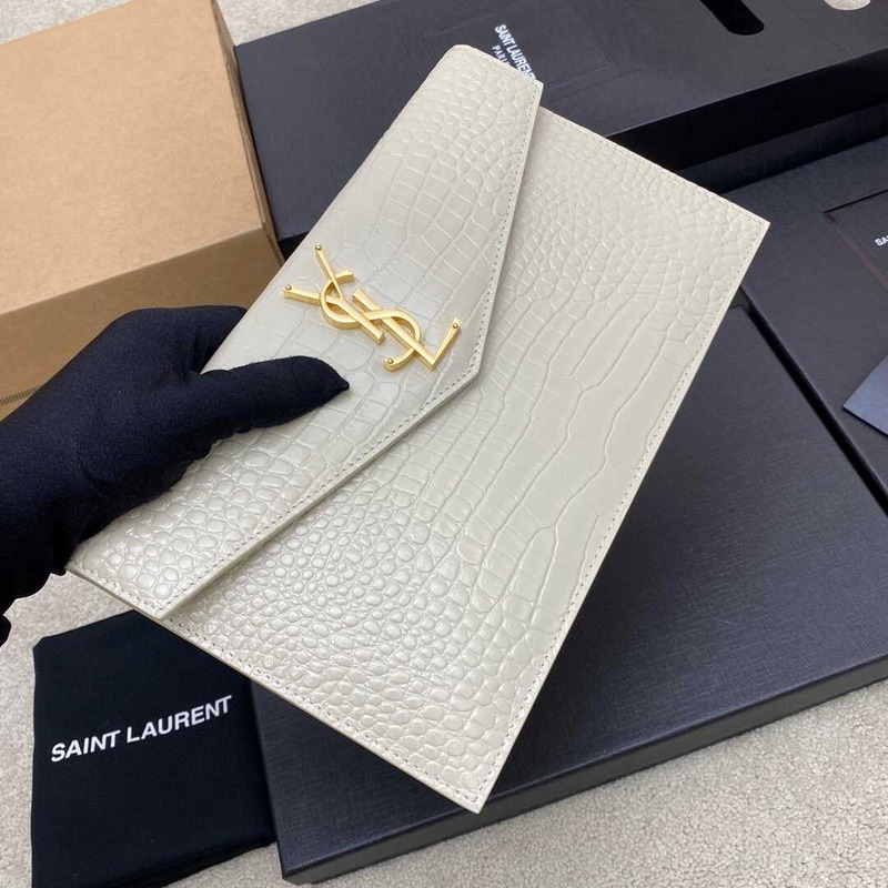 Saint Laurent Uptown Pouch In Crocodile-embossed Shny Leather