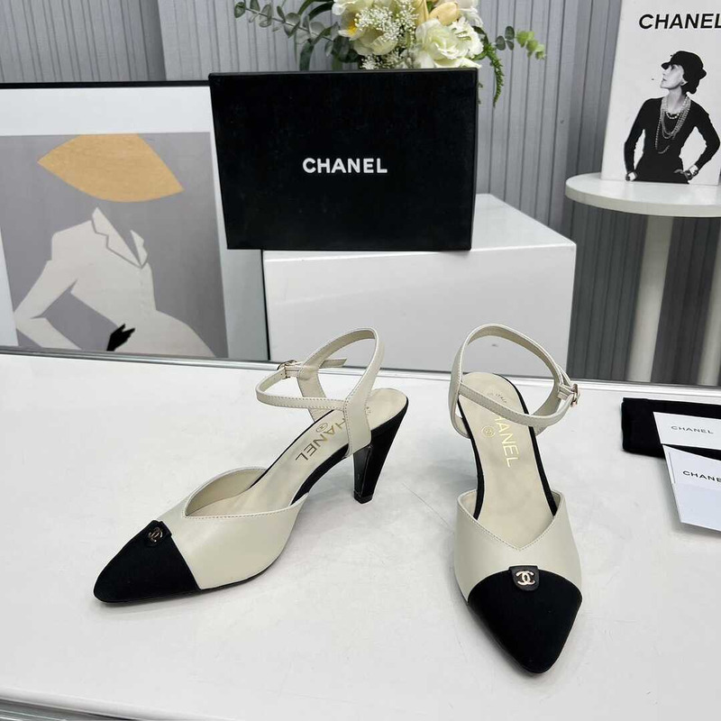 Ch*el contrast toe leather sling backs white