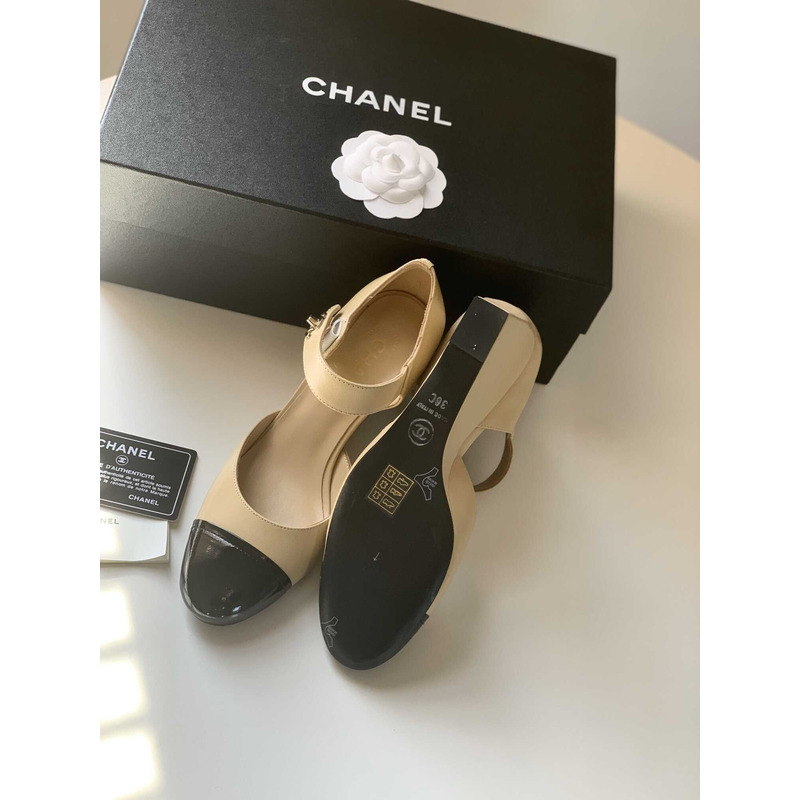 Ch*el lambskin patent cap toe mary jane wedge pumps brown black