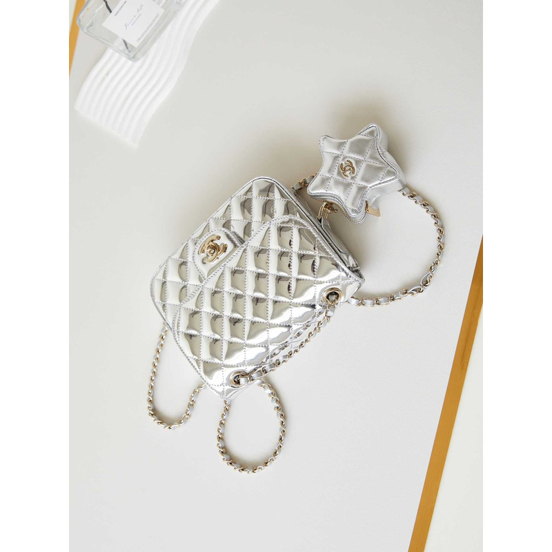 Ch*el mini flap bag & star coin purse metallic mirror calfskin, metallic lambskin & gold-tone metal light silver