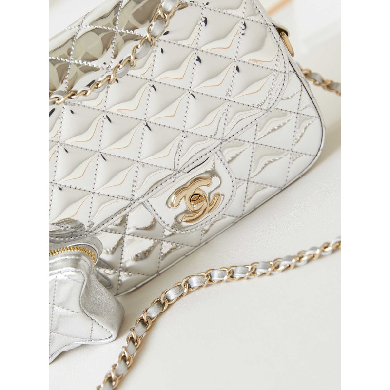 Ch*el mini flap bag & star coin purse metallic mirror calfskin, metallic lambskin & gold-tone metal light silver