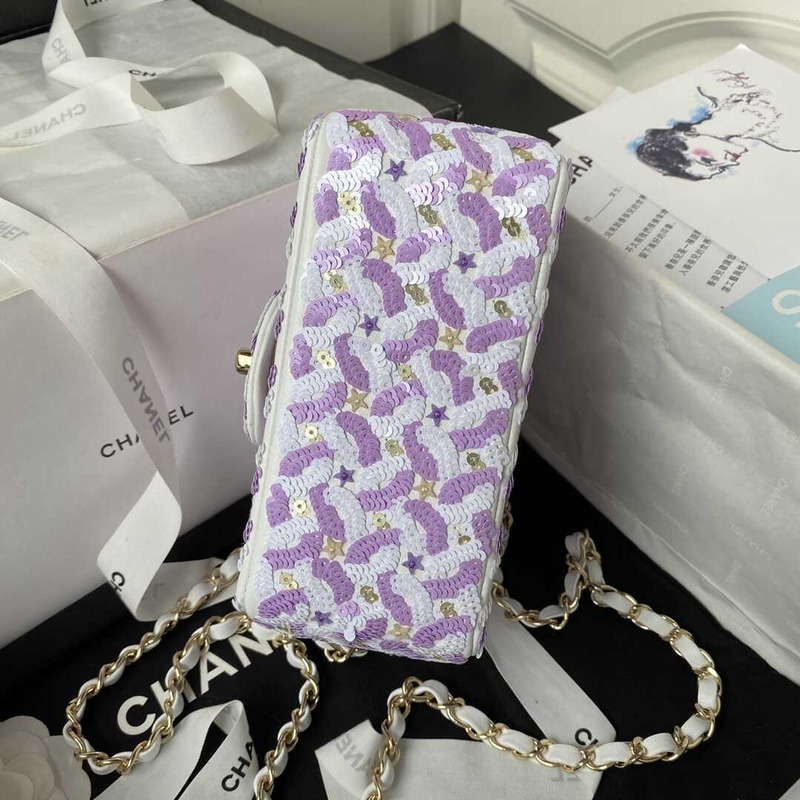 Ch*el mini flap bag embroidered satin, sequins, glass beads, strass, star sequins & gold-tone metal purple & white