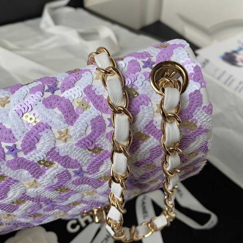 Ch*el mini flap bag embroidered satin, sequins, glass beads, strass, star sequins & gold-tone metal purple & white