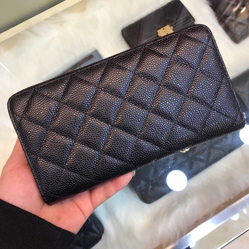 Ch*el gusset zip around wallet quilted caviar silver-tone large black