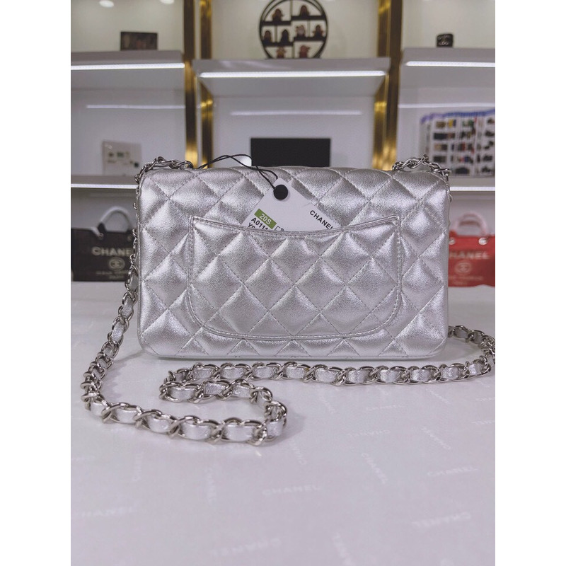 Ch*el metallic lambskin quilted mini rectangular flap silver