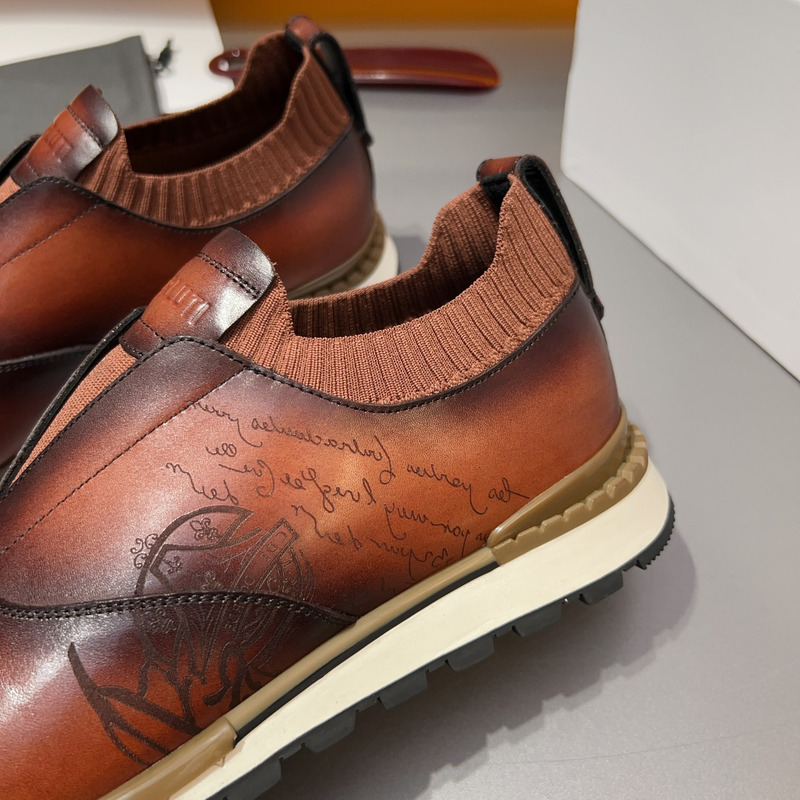 Berluti Fast Track Scritto Leather And Knit Slip-On Sneaker