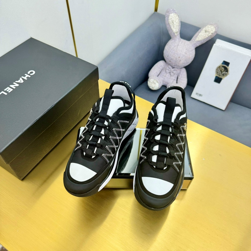 Ch*el sneakers silk cowhide & tarps black&white