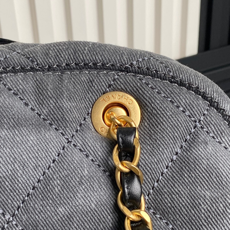 Ch*el large bowling bag denim & gold-tone metal grey