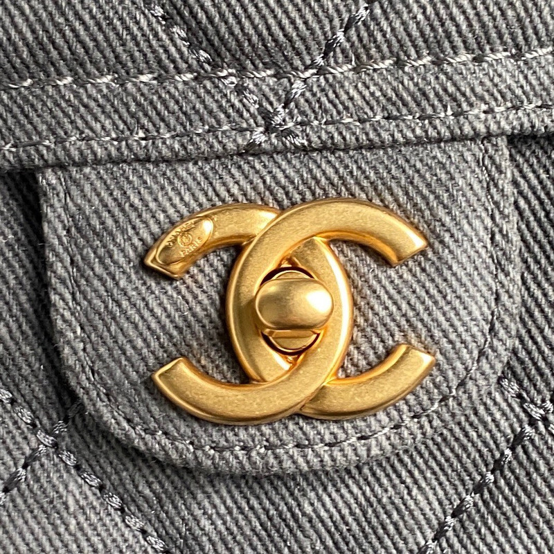 Ch*el large bowling bag denim & gold-tone metal grey