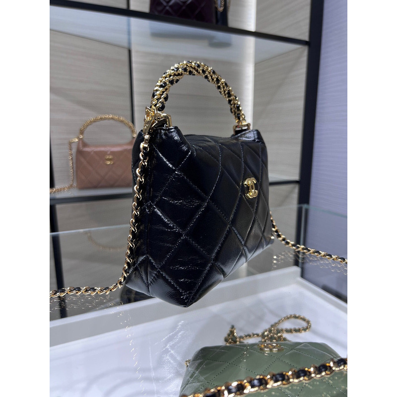 Ch*el clutch with chain shiny lambskin & gold-tone metal black