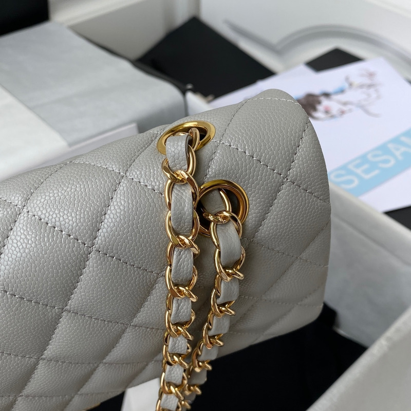 Ch*el medium caviar gold classic flap bag grey
