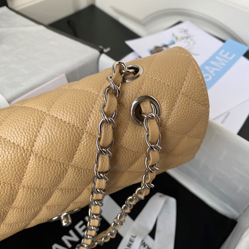 Ch*el medium caviar silver classic flap bag beige