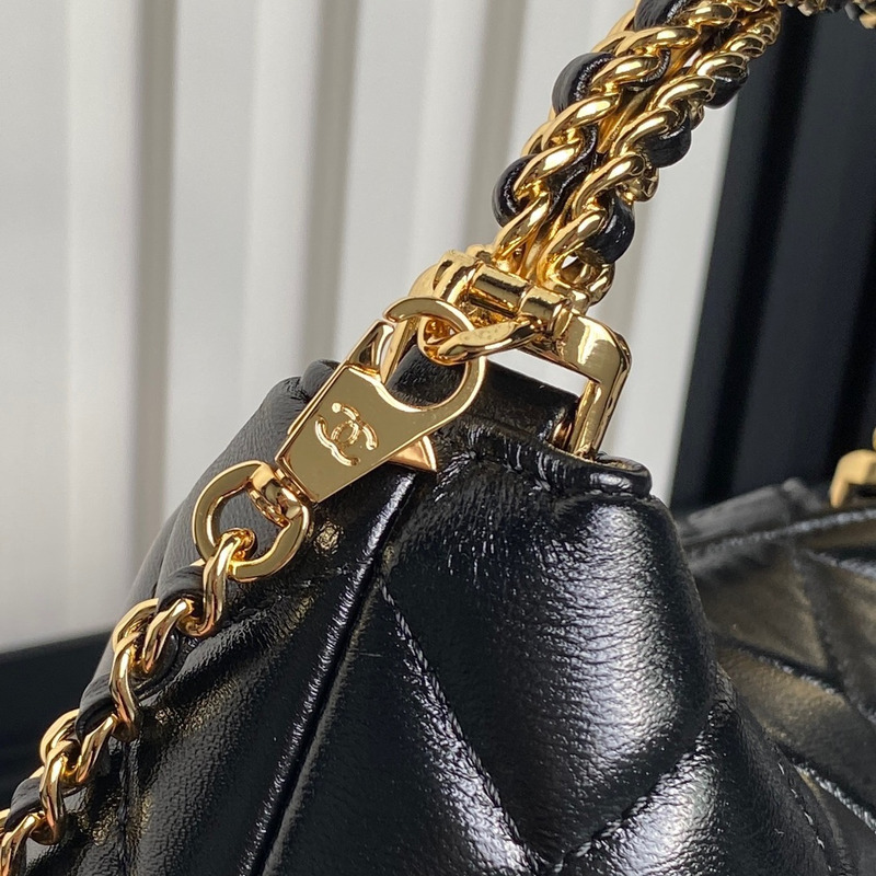 Ch*el clutch with chain shiny lambskin & gold-tone metal in black