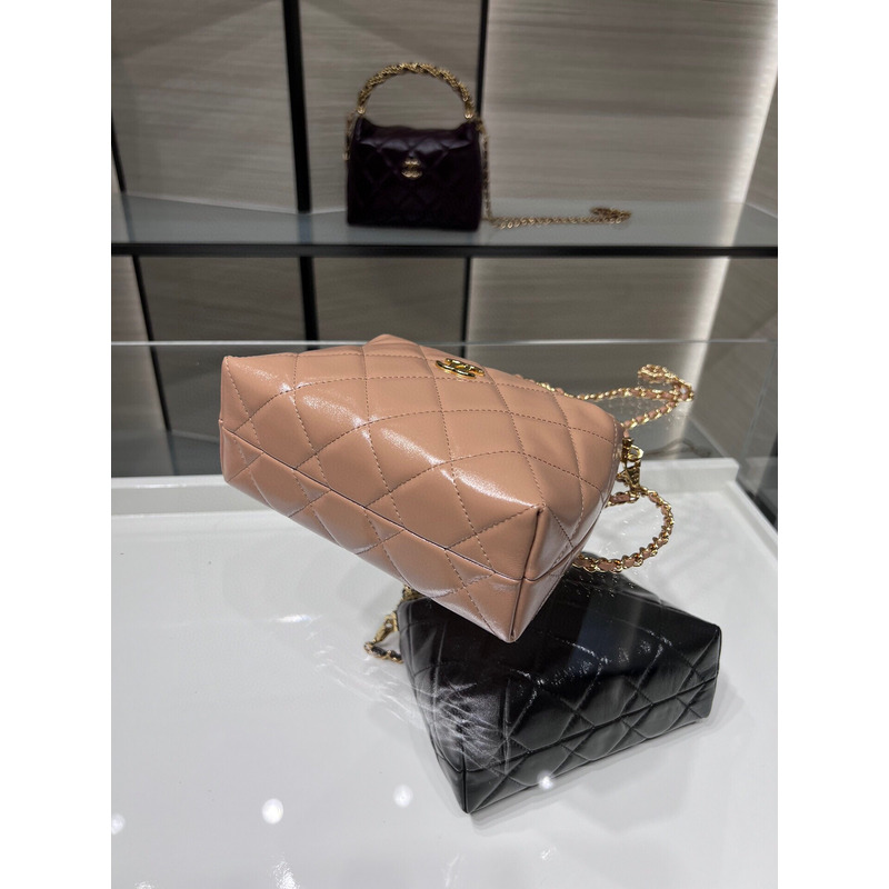 Ch*el rotating handle chain lunch box bag oil wax leather