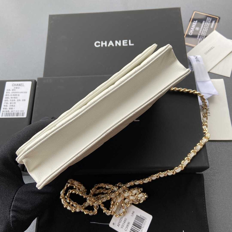 Ch*el 20c white caviar quilted wallet on chain woc light gold hardware